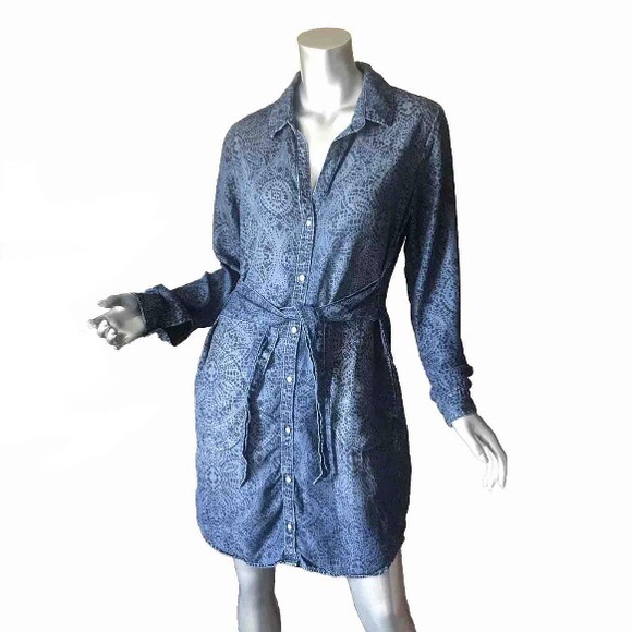 Cloth & Stone Anthropologie Medallion Print Chambray Tie Waist Shirt Dress Small - Picture 3 of 16